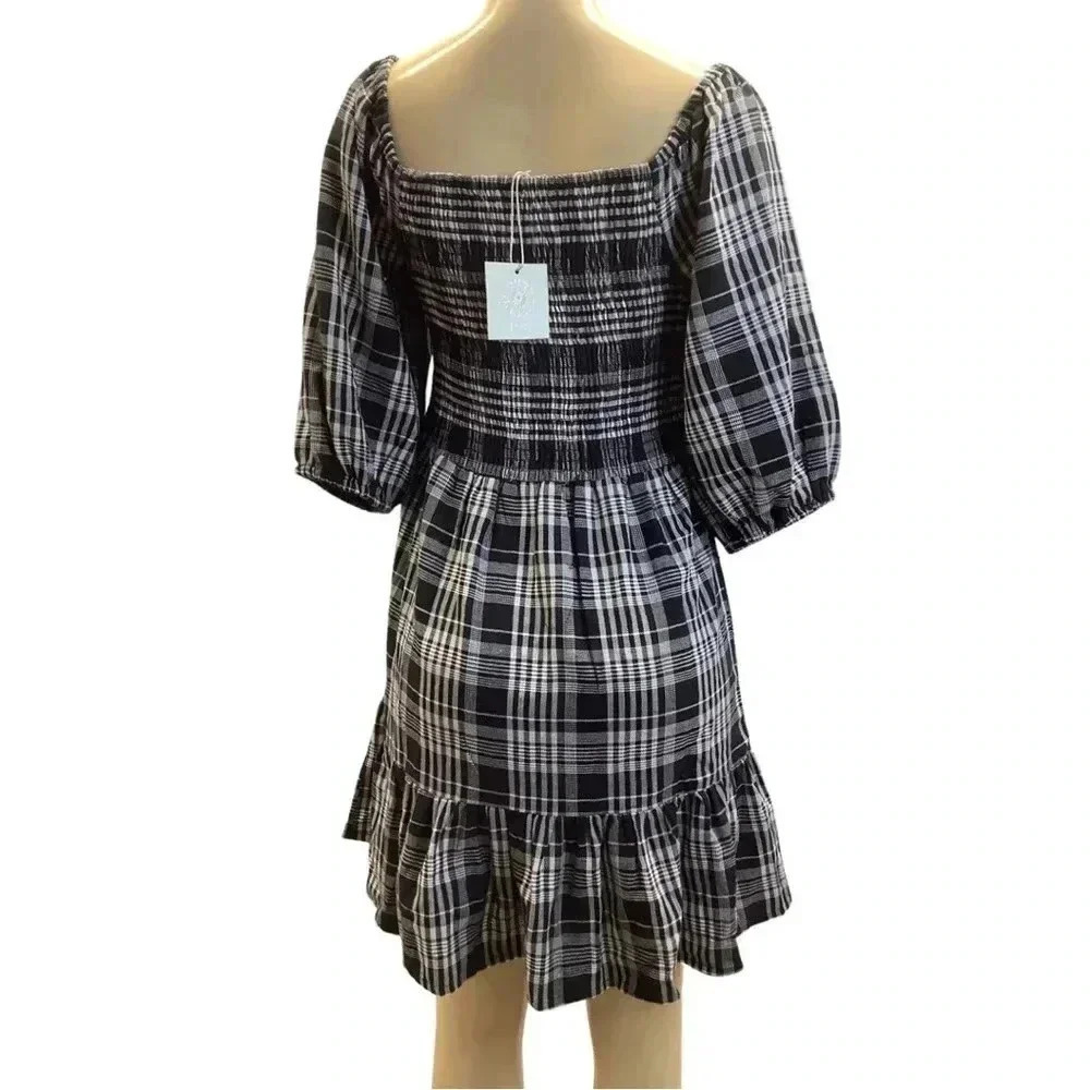 J Gee Size Large Petite Smocked Checkered Dress 3/4 Sleeve. New With Tags - Picture 3 of 8